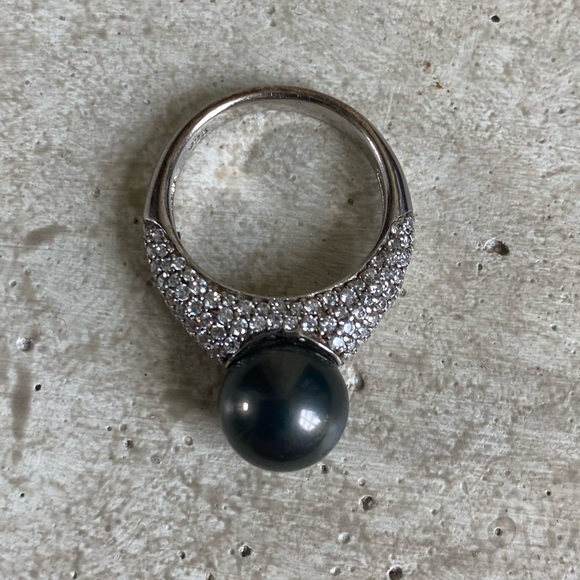 Black Tahitian Pearl & Diamond Sterling Silver Ring